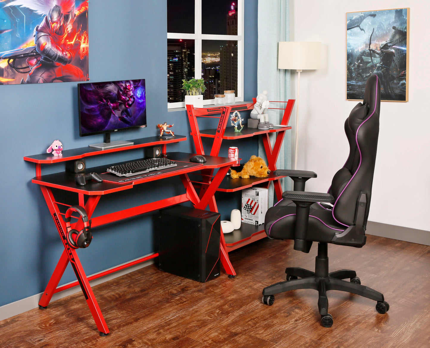 JJS 48" Home Office Gaming Computer Desk with Removable Monitor Stand, X Shaped Large Gamer Workstation PC Table with Cup Holder Headphone Hook Speaker Storage Free Mouse pad, Black