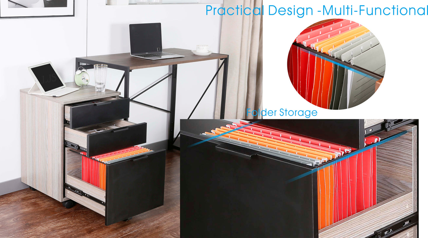 JJS 3 Drawer Rolling Wood File Cabinet with Locking Wheels