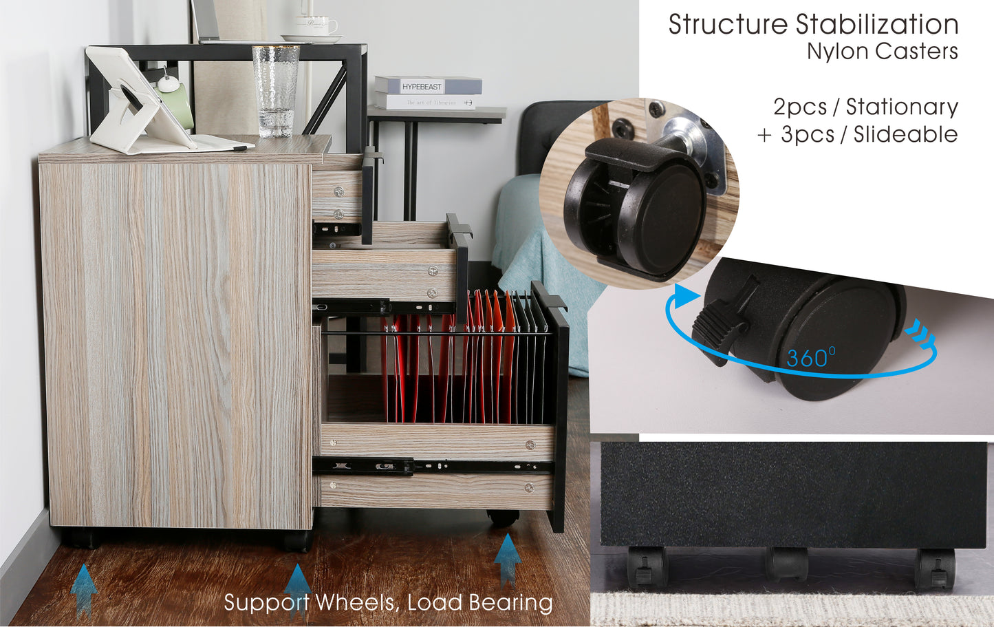 JJS 3 Drawer Rolling Wood File Cabinet with Locking Wheels