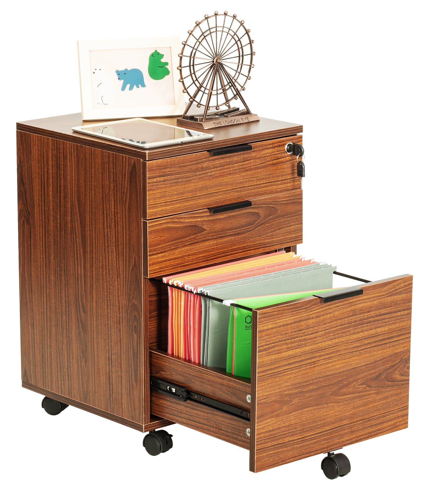 JJS 3 Drawer Rolling Wood File Cabinet with Locking Wheels