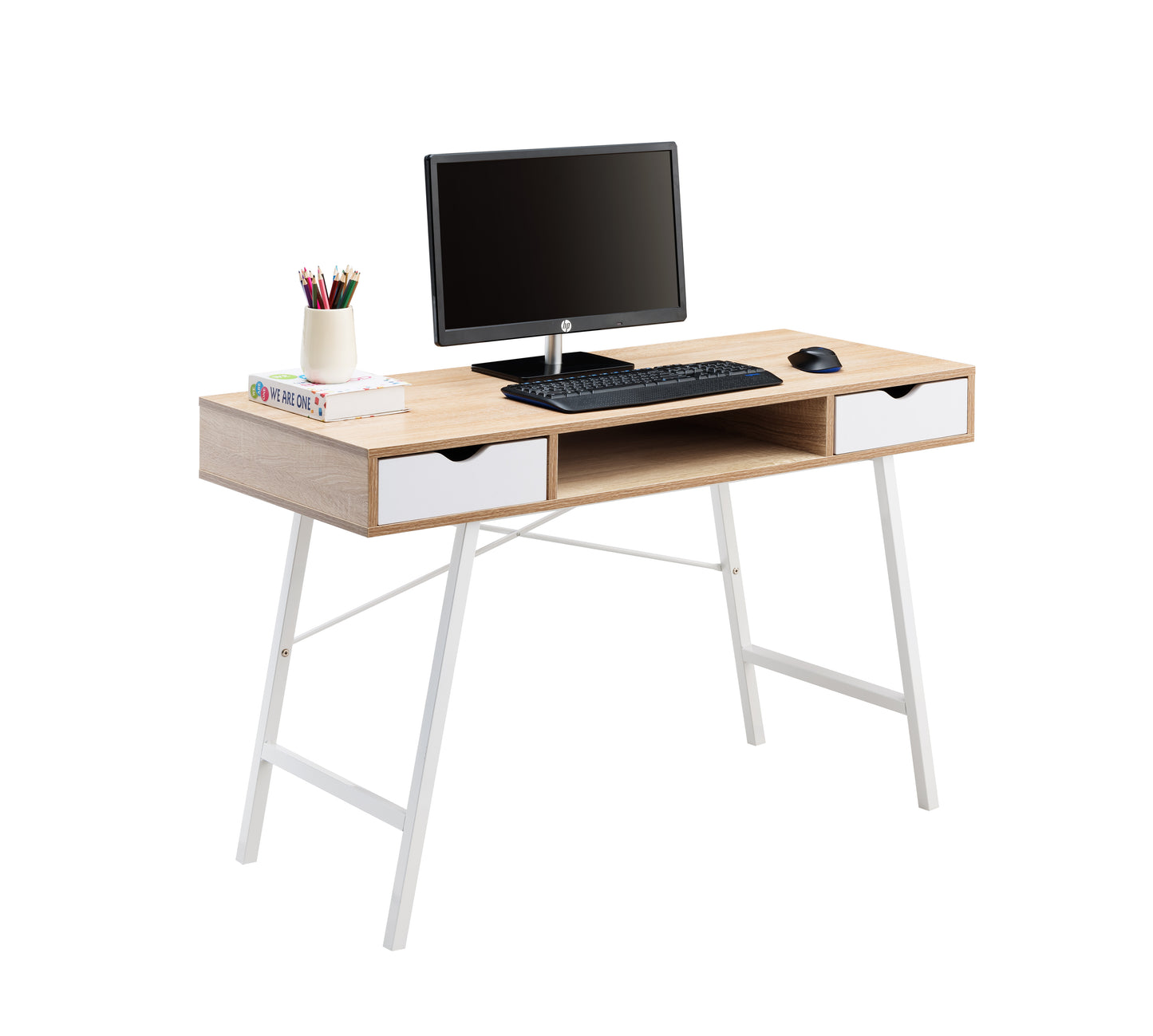 JJS Home Office Writing Desk with Drawers, Modern Computer Study Wooden Desk Table Laptop PC Workstation with Storage, Mid Century White Oak…