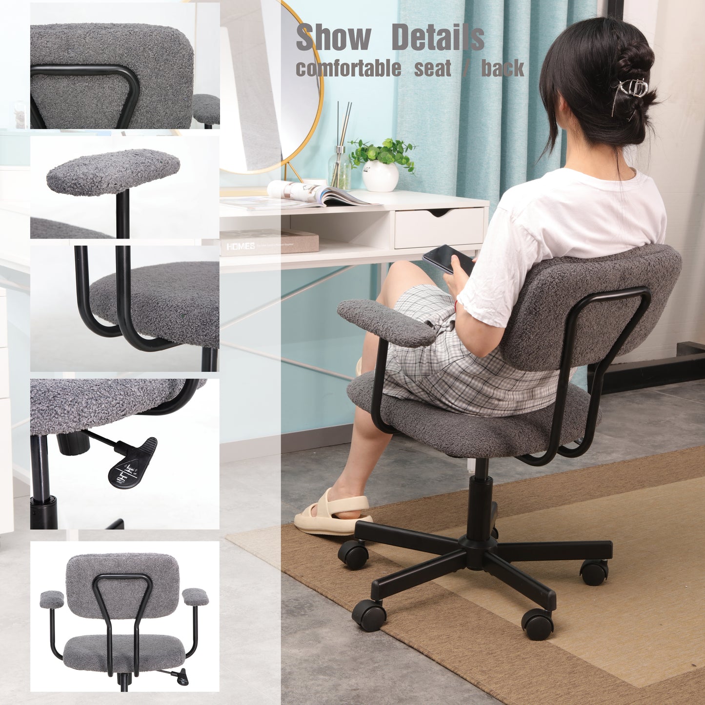 JJS Low Back Velvet Office Computer Chair with Armrest, Blue