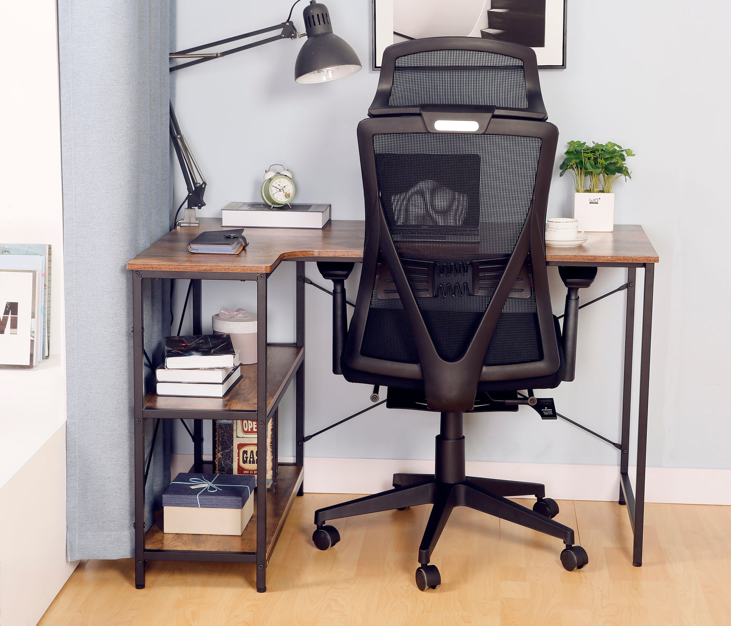 JJS L-Shaped Home Office Corner Writing Computer Desk with Build-in Bookcase, Antony Rustic Brown