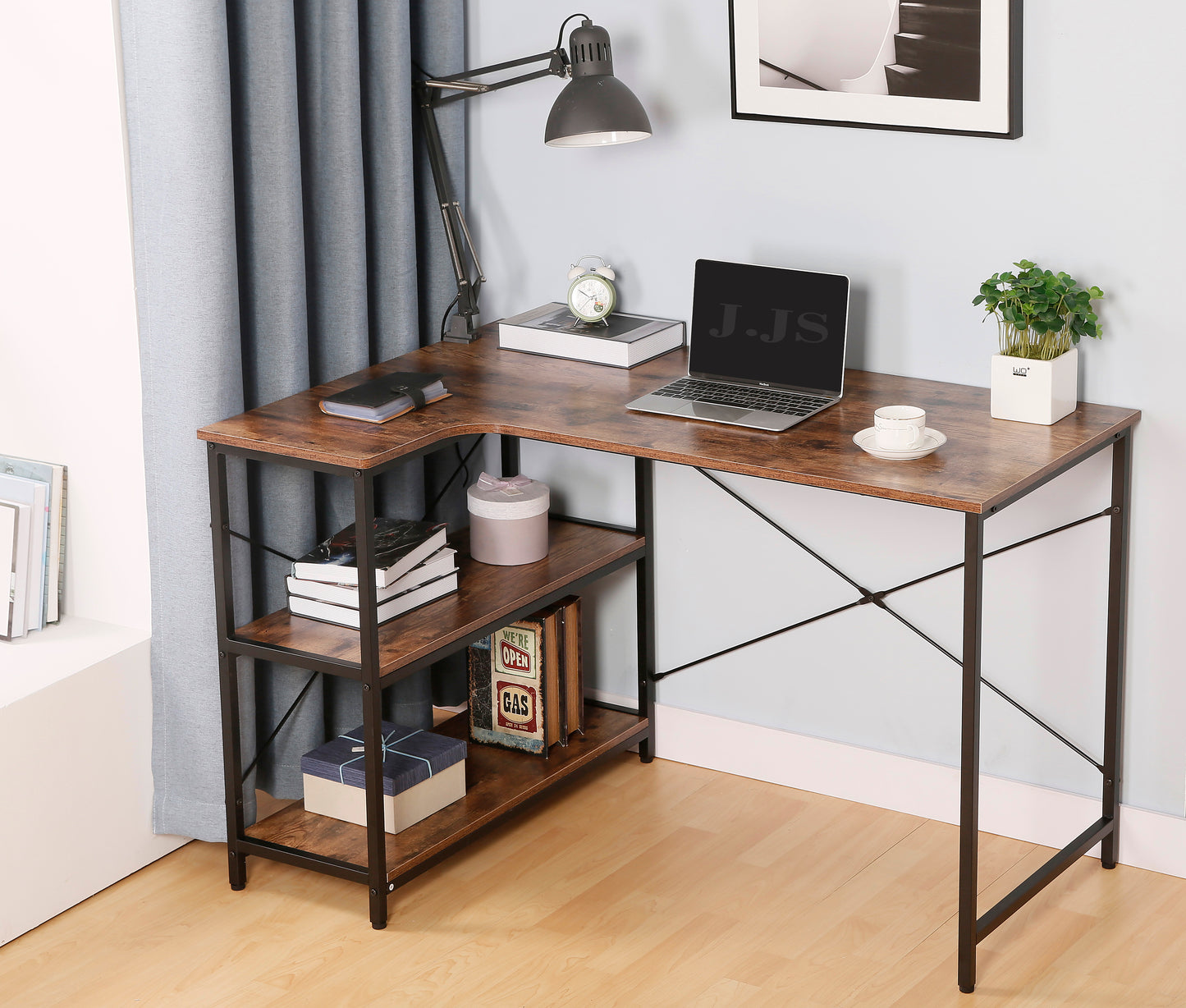 JJS L-Shaped Home Office Corner Writing Computer Desk with Build-in Bookcase, Antony Rustic Brown