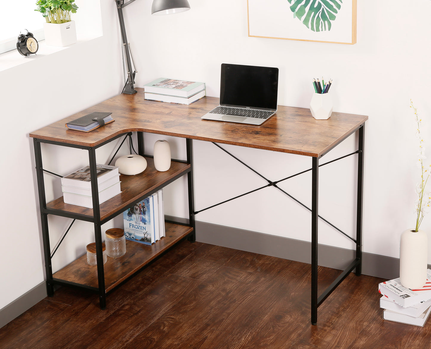 JJS L-Shaped Home Office Corner Writing Computer Desk with Build-in Bookcase, Antony Rustic Brown