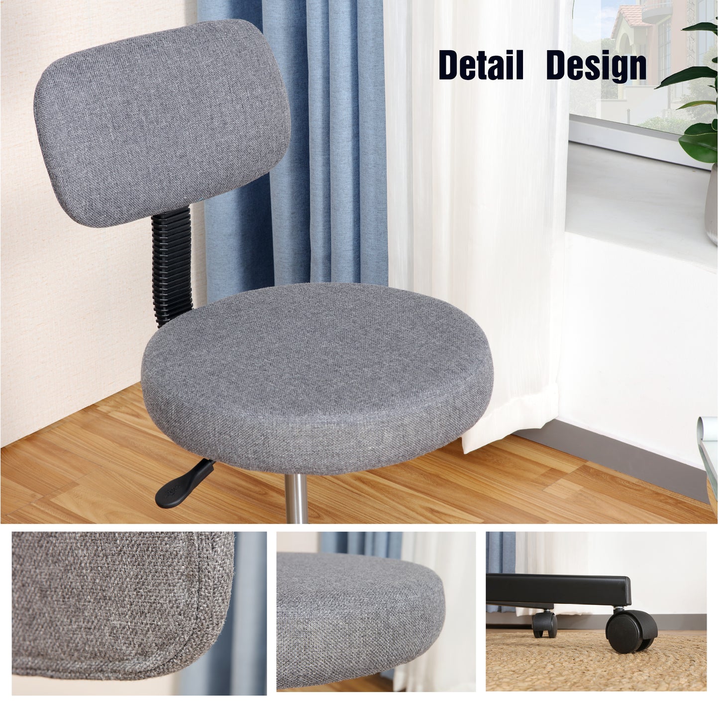 JJS Upholstered Low Back Armless Computer Chair, Ergonomic Adjustable Swivel Small Home Office Desk Chair with Extra Thick Seat Cushion Pad