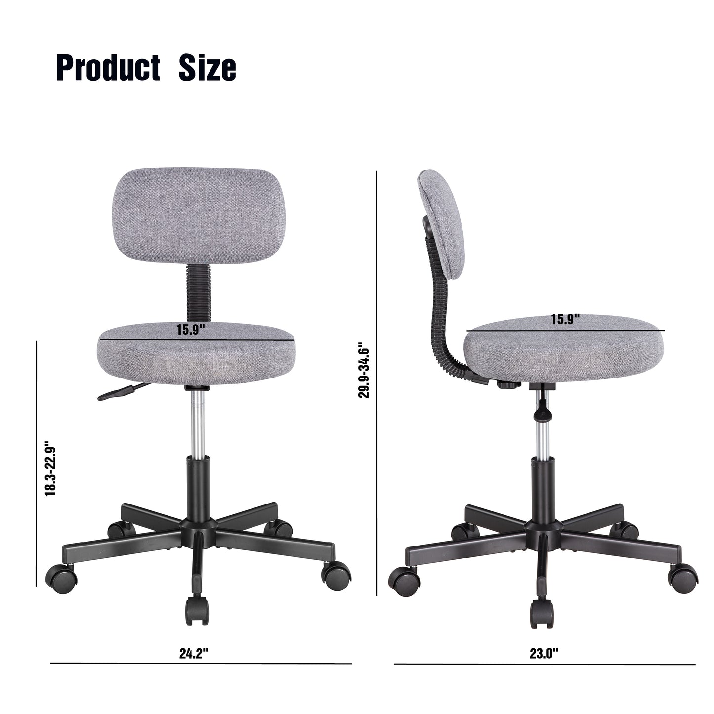 JJS Upholstered Low Back Armless Computer Chair, Ergonomic Adjustable Swivel Small Home Office Desk Chair with Extra Thick Seat Cushion Pad