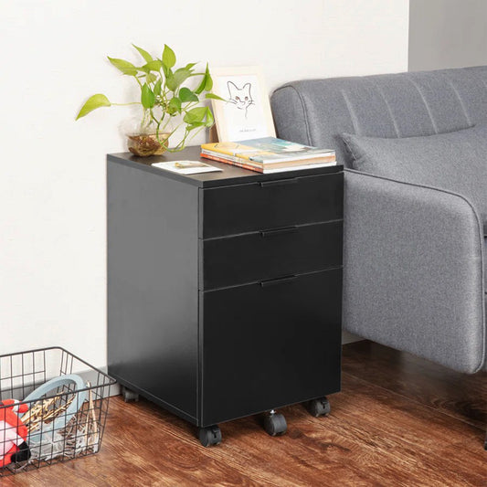 JJS 3 Drawer Rolling Wood File Cabinet with Locking Wheels
