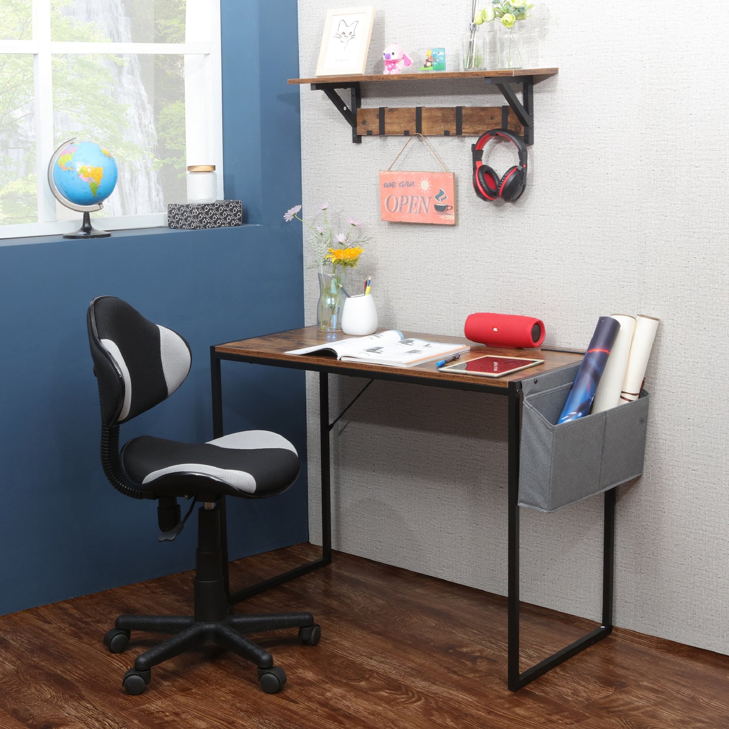 JJS Small Computer Desk Simple Style Writing Desk for Small Spaces 40 Inch Home Office Modern Student Study Laptop Writing Table with Storage Bag USB Hub, Rustic Brown/Black…