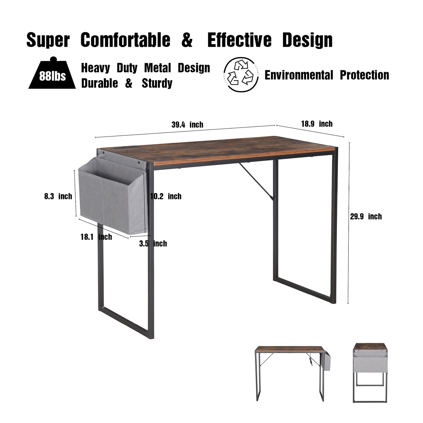 JJS Small Computer Desk Simple Style Writing Desk for Small Spaces 40 Inch Home Office Modern Student Study Laptop Writing Table with Storage Bag USB Hub, Rustic Brown/Black…