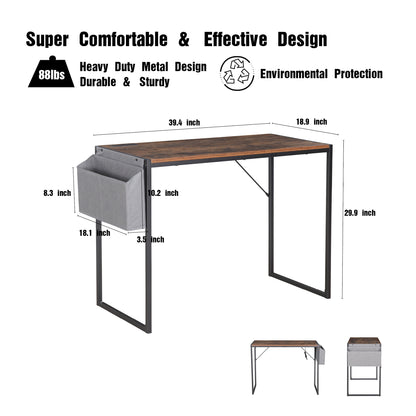 JJS Small Computer Desk Simple Style Writing Desk for Small Spaces 40 Inch Home Office Modern Student Study Laptop Writing Table with Storage Bag USB Hub, Rustic Brown/Black…